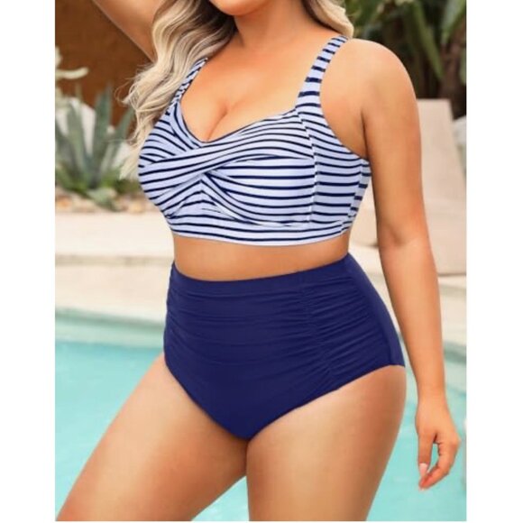 Daci Women's Twist Front High Retro Top Waist Ruched Bottoms Swimsuit 14W NWT - Picture 1 of 8